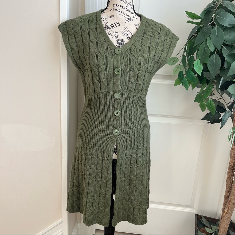 Mandee Cable Knit Bat Sleeve Duster Cardigan Green Sz L